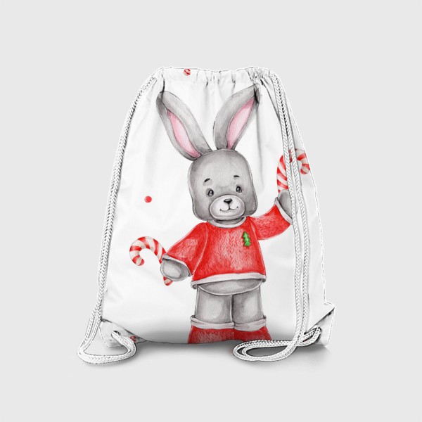 Рюкзак «Новогодний заяц в красном свитере с леденцами»