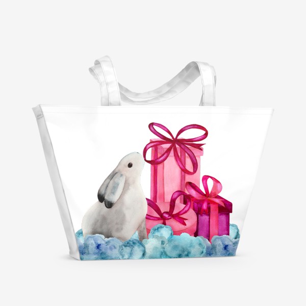 Пляжная сумка &laquo;Белый зайчик рассматривает новогодние подарки&raquo;