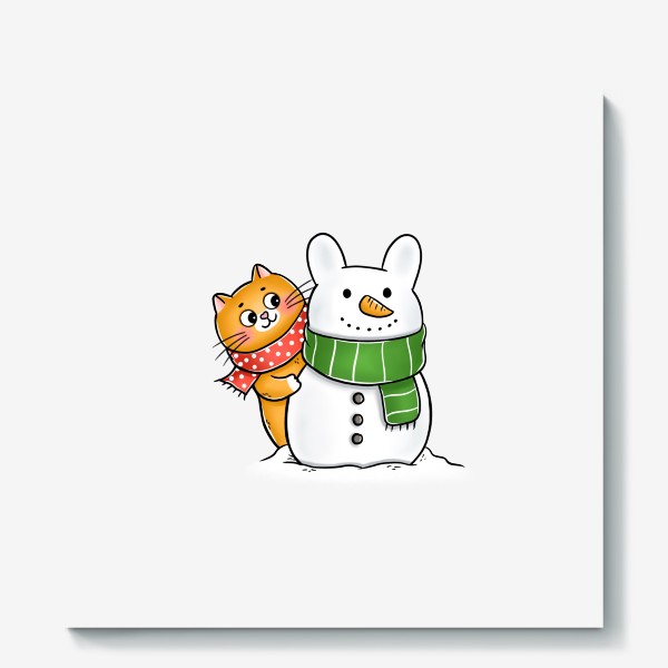 Холст «Котик и кролик снеговик»