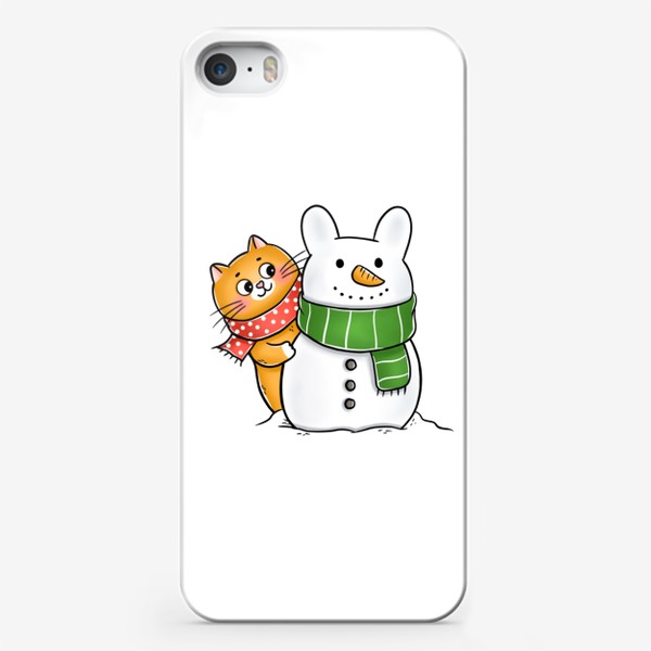 Чехол iPhone «Котик и кролик снеговик»