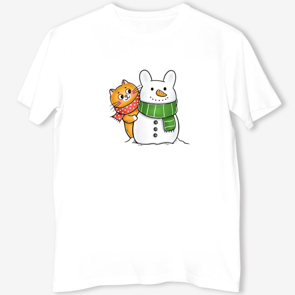 Футболка «Котик и кролик снеговик»