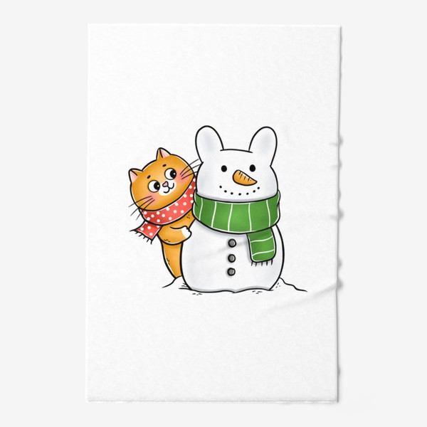 Полотенце «Котик и кролик снеговик»
