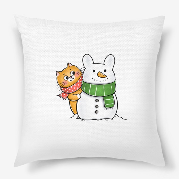 Подушка «Котик и кролик снеговик»