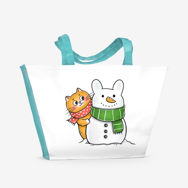 Пляжная сумка «Котик и кролик снеговик»