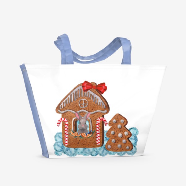 Пляжная сумка «Новогодний зайчик выглядывает из окна пряничного домика»