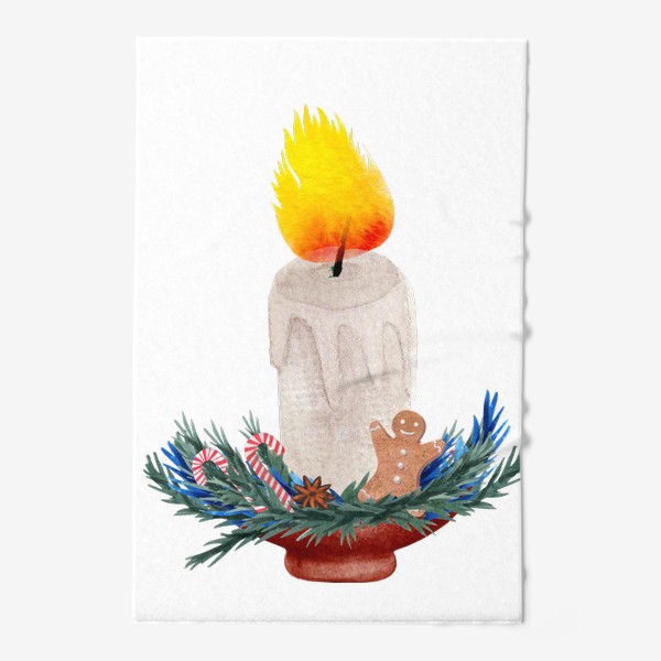 Полотенце «Новогодняя свеча, украшенная еловыми ветвями, пряничным человечком и карамельными посохами»