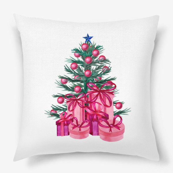 Подушка «Новогодняя ёлка украшенная розовыми шарами с розовыми подарками»