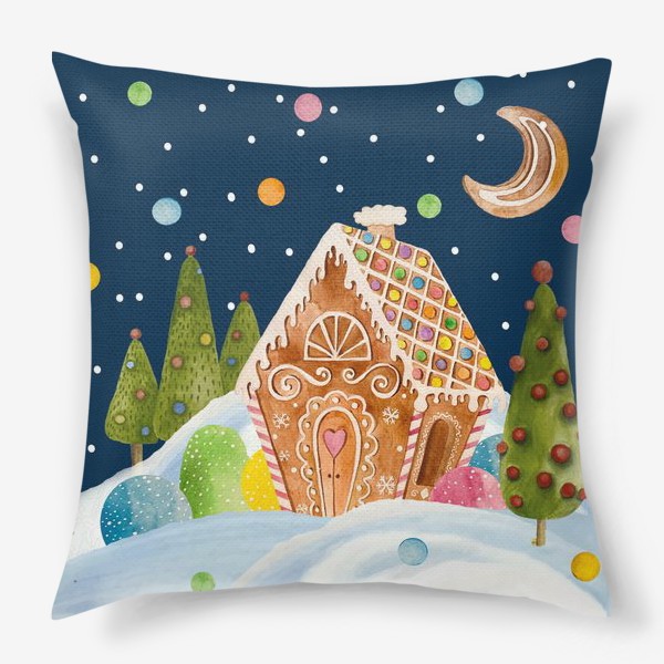 Подушка «Новогодняя иллюстрация пряничного домика на фоне снежного холма с зелеными елями »