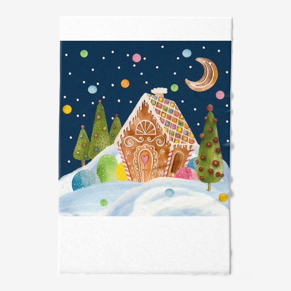 Полотенце «Новогодняя иллюстрация пряничного домика на фоне снежного холма с зелеными елями »