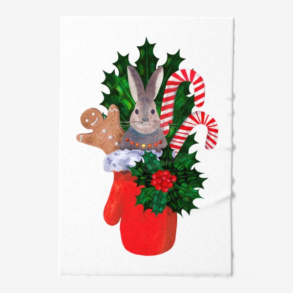 Полотенце «Новогодняя красная рукавичка с зайцем, карамельными посохами, остролистом и пряничным человечком»
