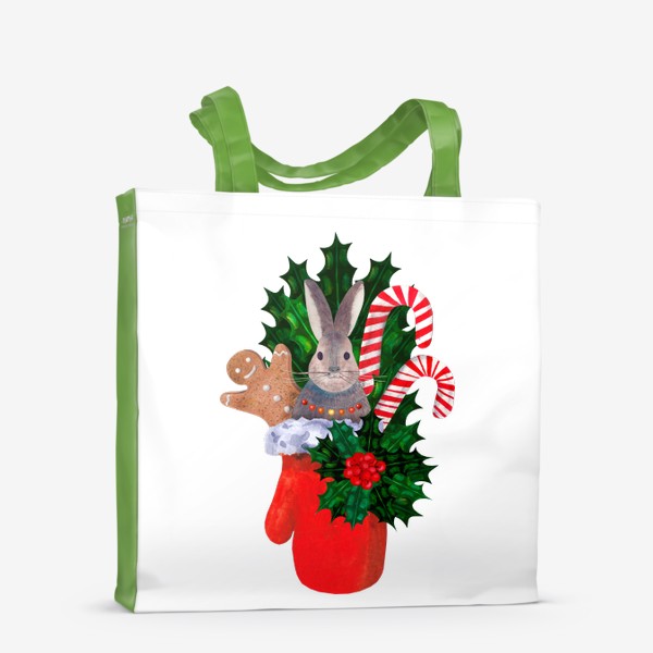 Сумка-шоппер &laquo;Новогодняя красная рукавичка с зайцем, карамельными посохами, остролистом и пряничным человечком&raquo;