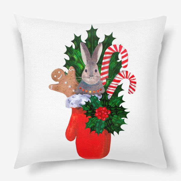 Подушка «Новогодняя красная рукавичка с зайцем, карамельными посохами, остролистом и пряничным человечком»