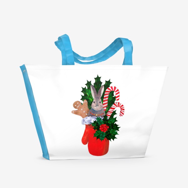 Пляжная сумка «Новогодняя красная рукавичка с зайцем, карамельными посохами, остролистом и пряничным человечком»