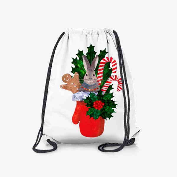 Рюкзак «Новогодняя красная рукавичка с зайцем, карамельными посохами, остролистом и пряничным человечком»