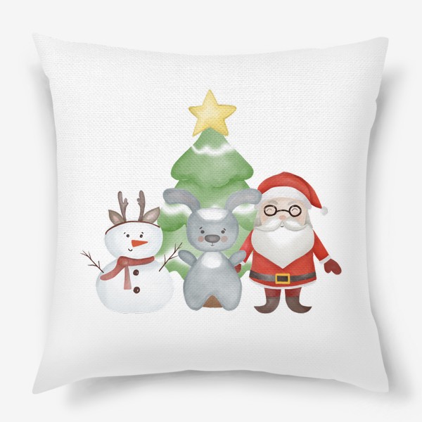 Подушка «Новогодняя картинка с Санта Клаусом, кроликом и снеговиком»