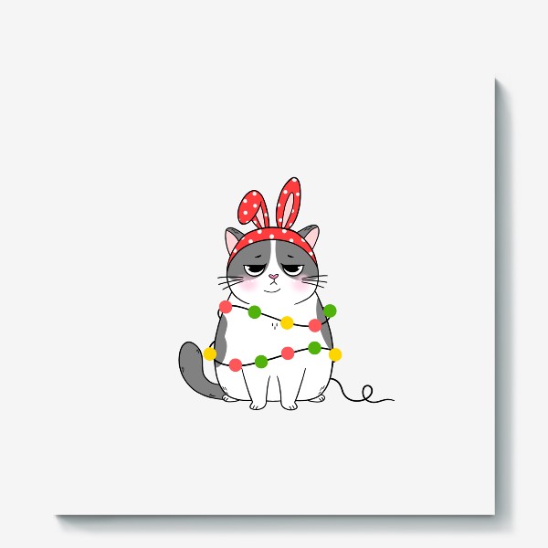 Холст «Кот новогодний в гирлянде с кроличьими ушами »