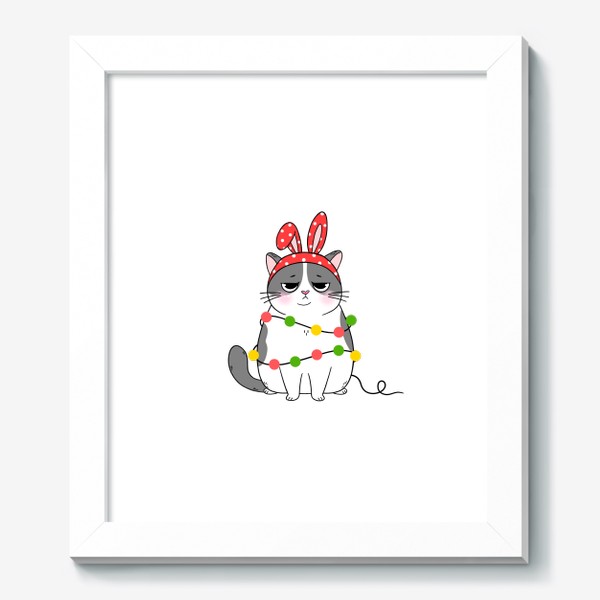 Картина «Кот новогодний в гирлянде с кроличьими ушами »