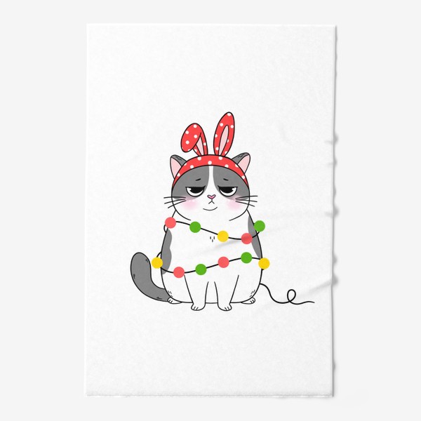 Полотенце «Кот новогодний в гирлянде с кроличьими ушами »