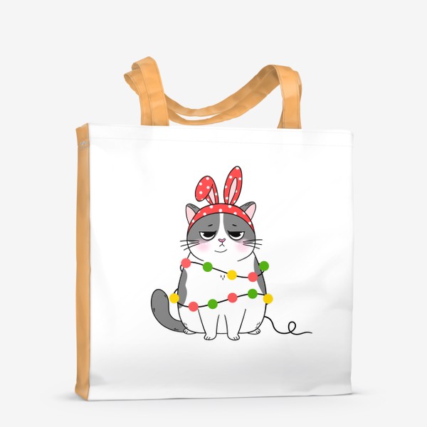 Сумка-шоппер «Кот новогодний в гирлянде с кроличьими ушами »