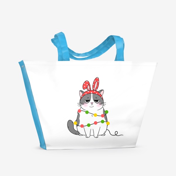 Пляжная сумка «Кот новогодний в гирлянде с кроличьими ушами »