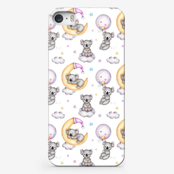 Чехол iPhone «Паттерн мишки коалы на луне, на радуге и на воздушных шарах»