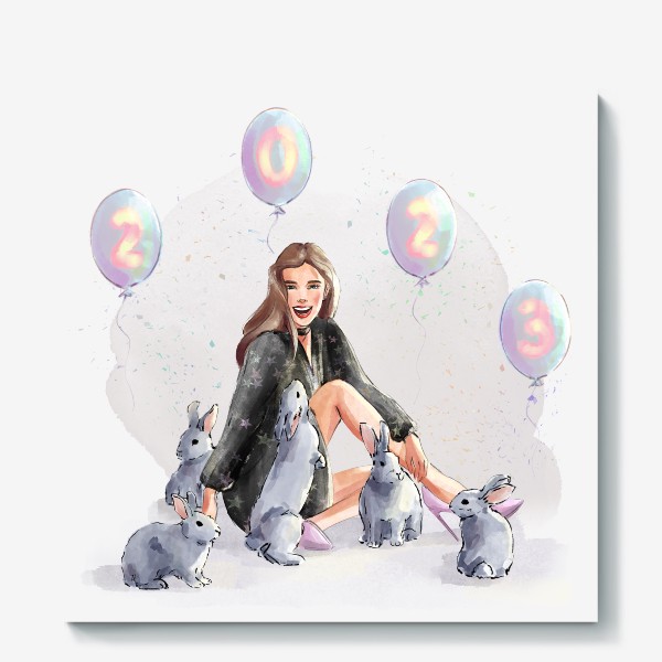 Холст «Акварельная иллюстрация Девушка с кроликами 2023 год»