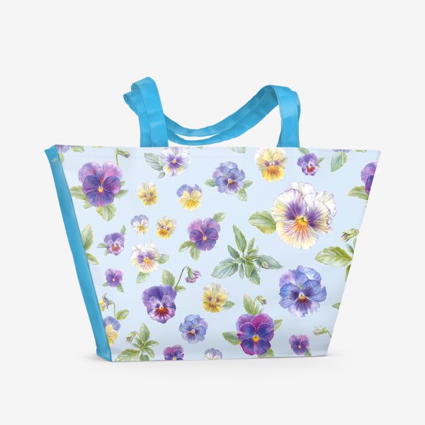 Пляжная сумка «Анютины глазки фиолетово-голубые на голубом фоне. Ботаническая акварель.»