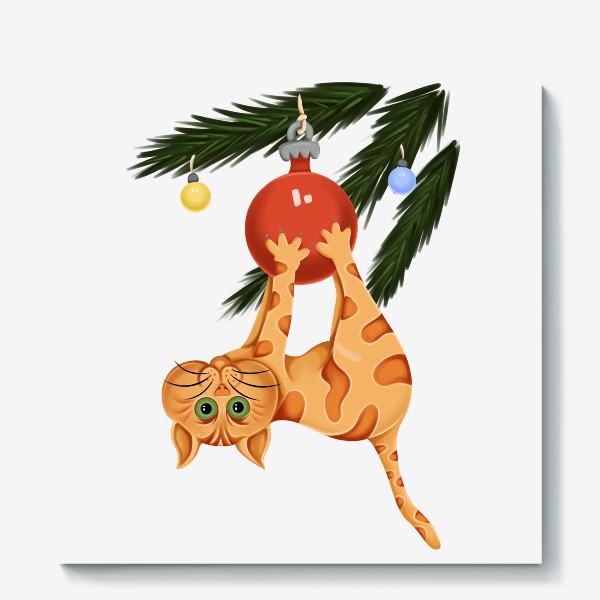 Холст «Рыжий кот и новогодняя ёлка »