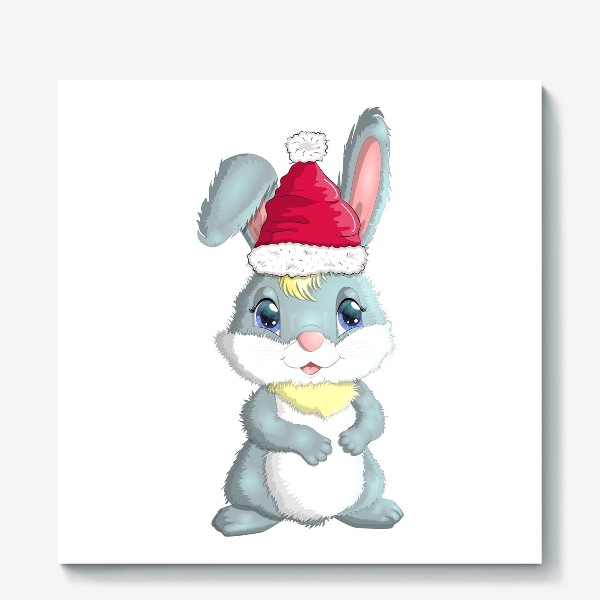 Холст «Символ 2023 Нового года, кролик в шапке Деда Мороза»