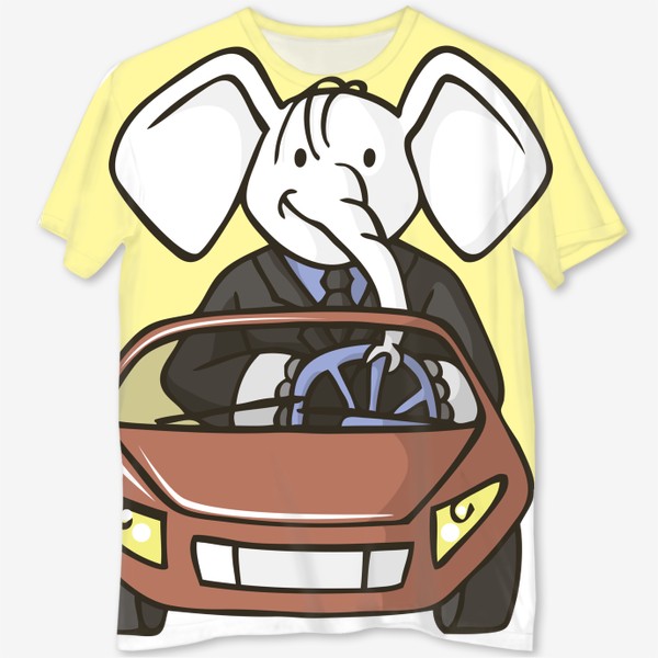 Футболка с полной запечаткой «иллюстрация слон бизнесмен едет на машине»