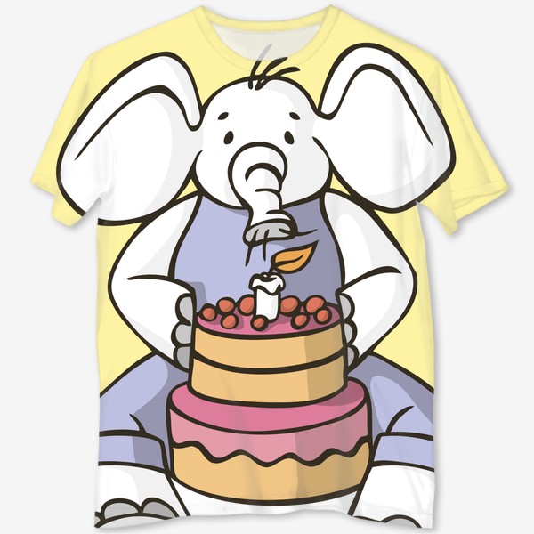Футболка с полной запечаткой «иллюстрация слон день рождения задувает свечи на торте»