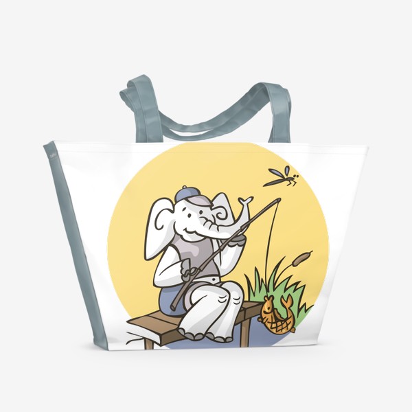 Пляжная сумка «иллюстрация слон рыбак на пруду»