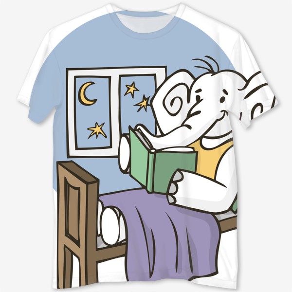 Футболка с полной запечаткой «иллюстрация слон читает книгу перед сном»