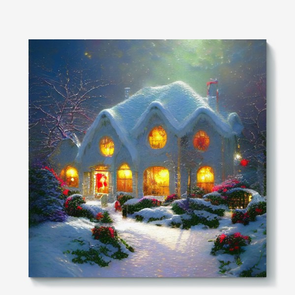 Холст «Сказочный зимний домик, покрытый снегом»