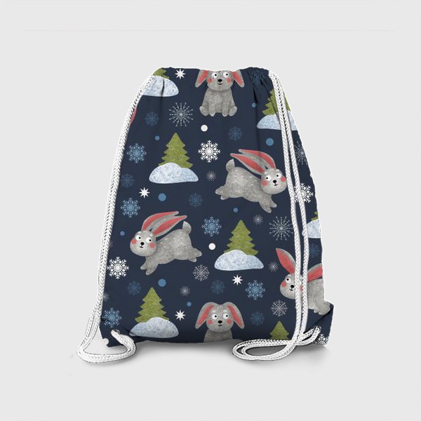 Рюкзак «Зайцы и ели в зимнем лесу. Кролик, Заяц, ёлка, снежинки, снег»