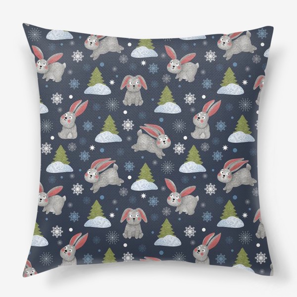 Подушка «Зайцы и ели в зимнем лесу. Кролик, Заяц, ёлка, снежинки, снег»