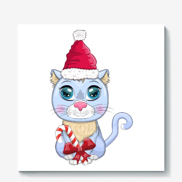 Холст «Символ 2023 Нового года, кот в шапке Деда Мороза с конфетой»