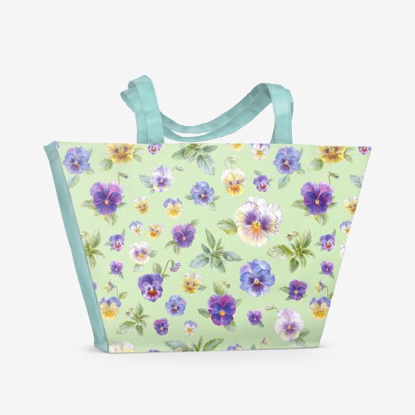 Пляжная сумка «Анютины глазки фиолетово-голубые на зеленом фоне. Ботаническая акварель.»