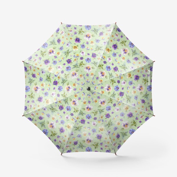 Зонт «Анютины глазки фиолетово-голубые на зеленом фоне. Ботаническая акварель.»