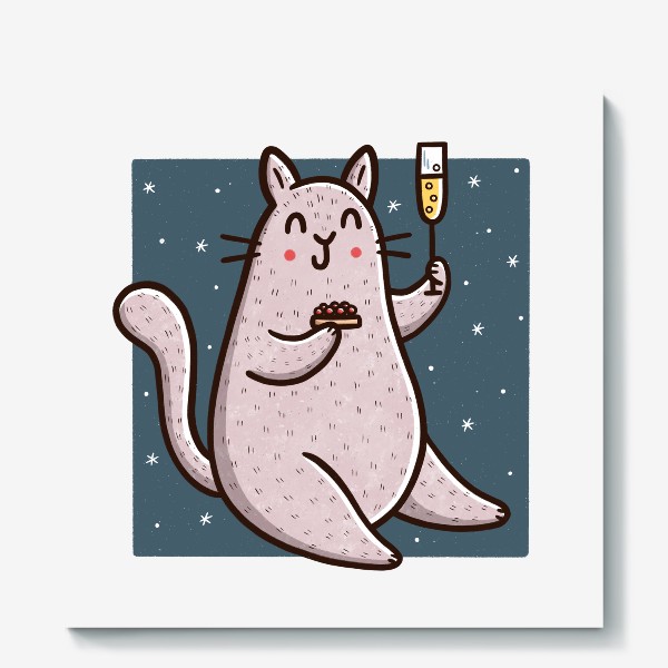 Холст «Милый кот с шампанским и бутербродом с икрой. Новый год 2023»