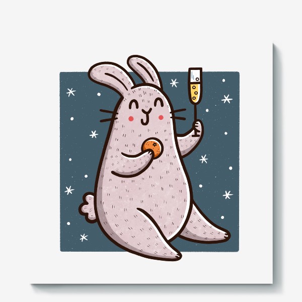 Холст «Милый кролик с шампанским и мандарином. Новый год 2023»