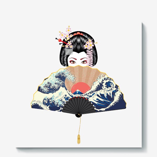 Холст «Портрет японской гейши с большим веером»