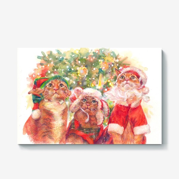 Холст « Три кота,котики,новый год ,дед мороз , ёлка ,Санта ,эльф»