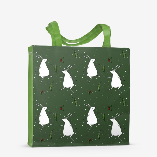 Сумка-шоппер «Кролики новогодние на зеленом фоне. Бесшовный паттерн 2023»
