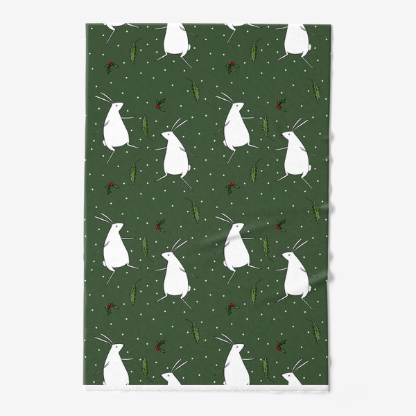 Полотенце «Кролики новогодние на зеленом фоне. Бесшовный паттерн 2023»