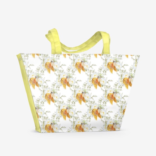Пляжная сумка «Совы с белыми розами , паттерн»