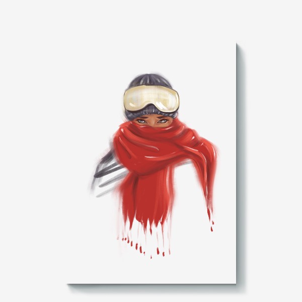 Холст «Зимний принт девушка в красном шарфе и защитных очках сноубордиста»