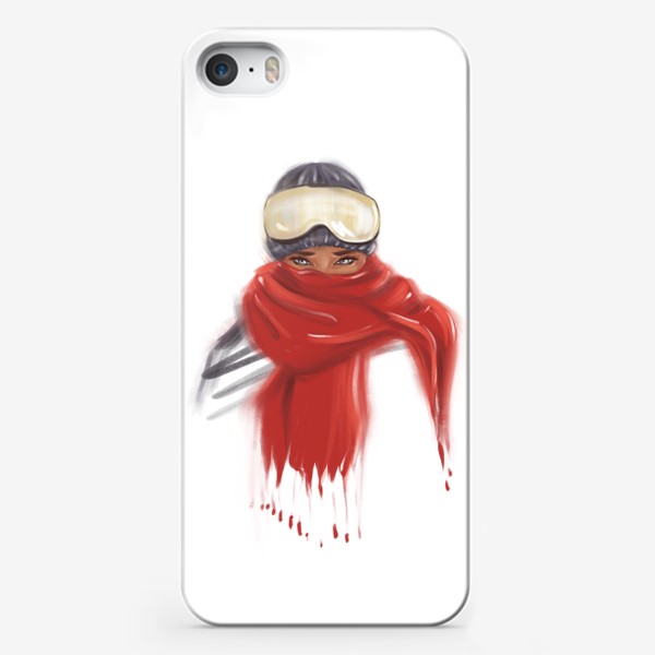 Чехол iPhone «Зимний принт девушка в красном шарфе и защитных очках сноубордиста»