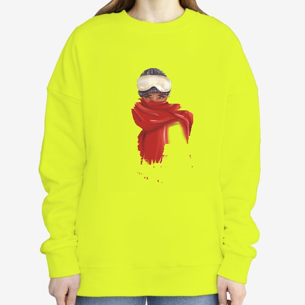 Свитшот «Зимний принт девушка в красном шарфе и защитных очках сноубордиста»