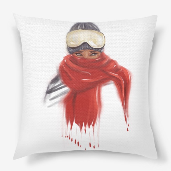 Подушка «Зимний принт девушка в красном шарфе и защитных очках сноубордиста»